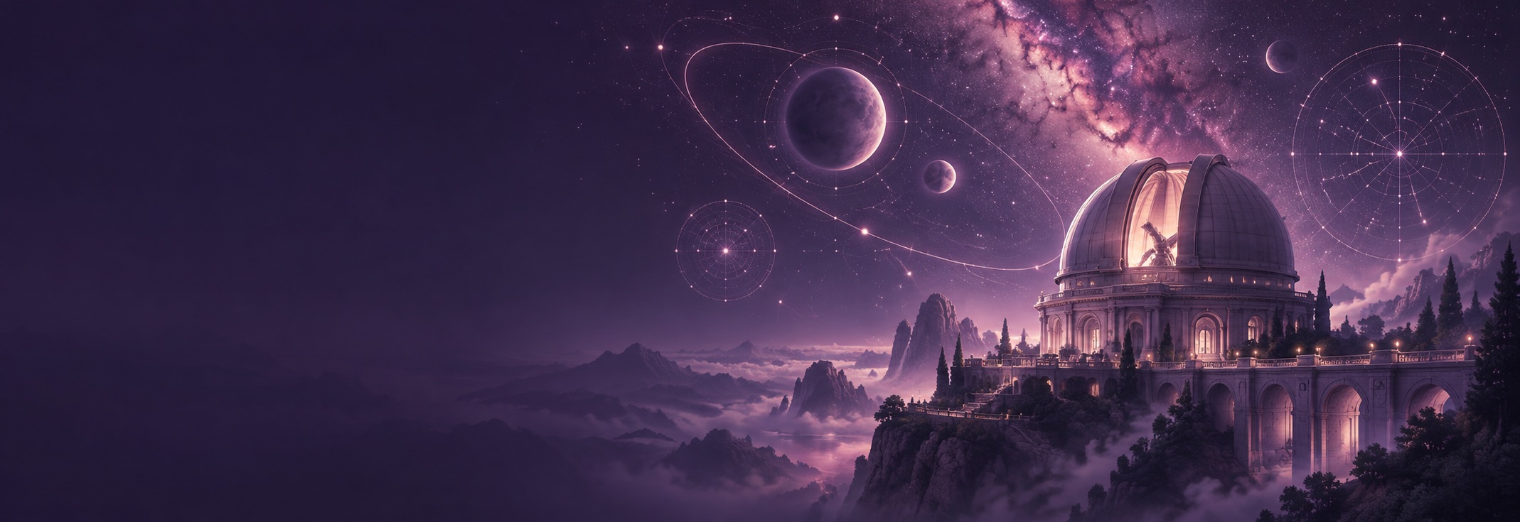 原创概念插画：粉紫星云下的圆顶观测室，配有发光轨道与星图，作为探索主题主视觉